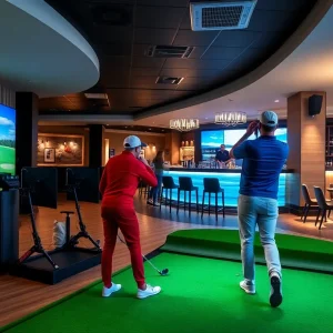 People enjoying indoor golf at The Cave in Estero, Florida