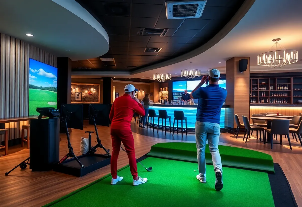 People enjoying indoor golf at The Cave in Estero, Florida