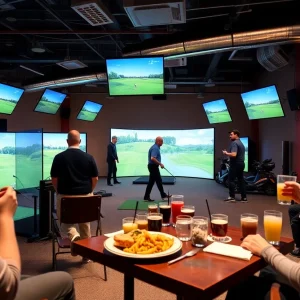 People enjoying indoor golf at X-Golf in West Palm Beach