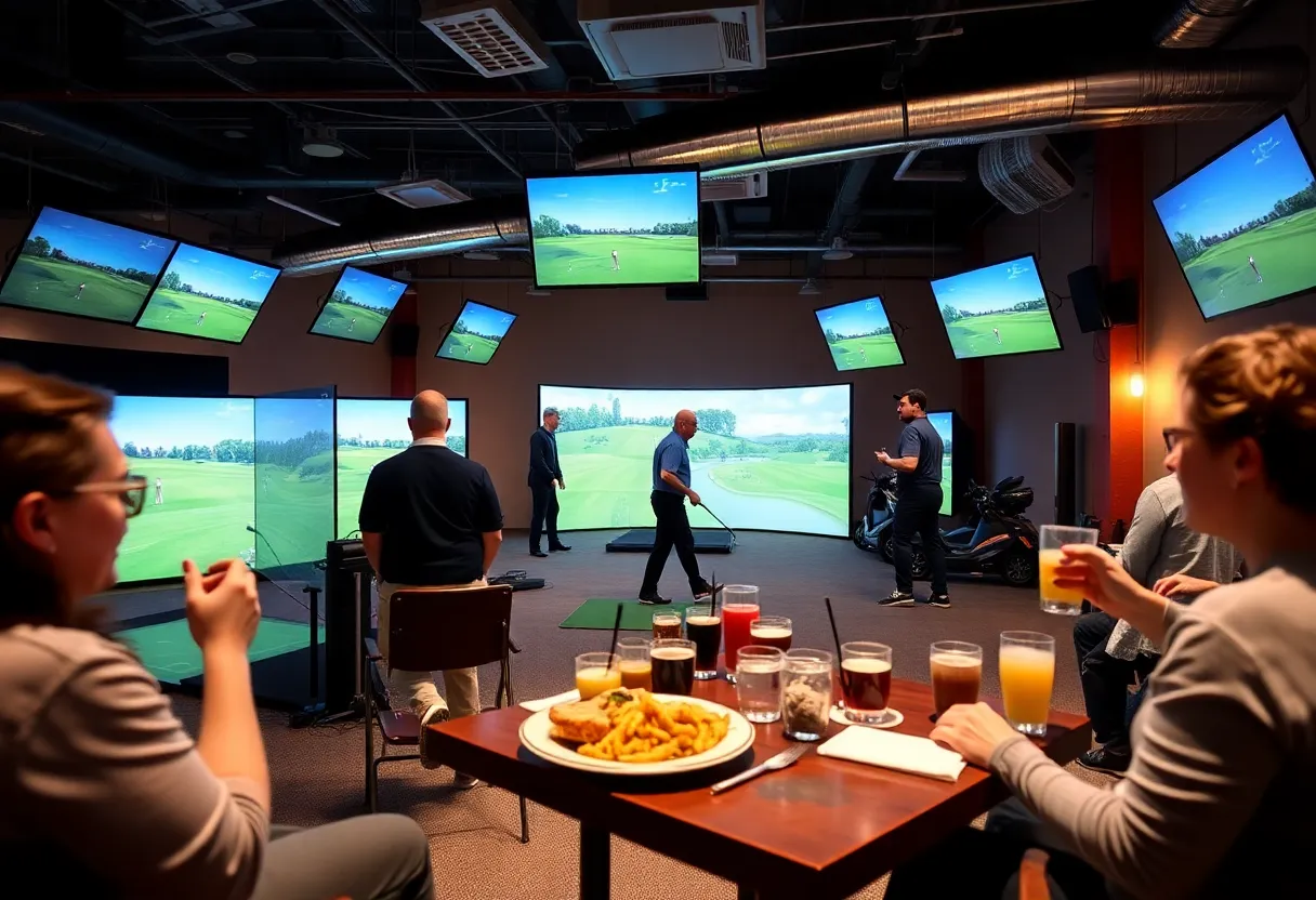 People enjoying indoor golf at X-Golf in West Palm Beach