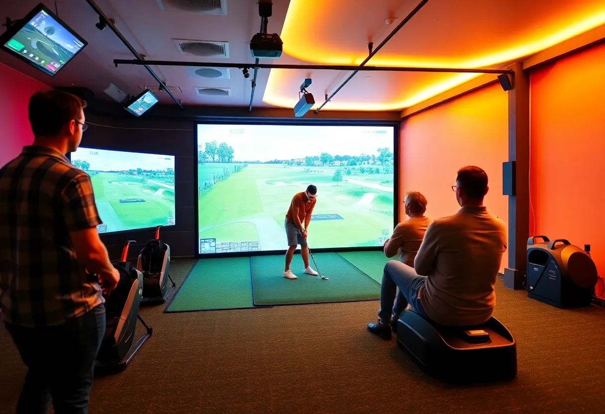 Players using a virtual golf simulator indoors while showing a digital golf course in the background.