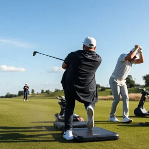 A variety of new golf drivers displayed on a golf course.