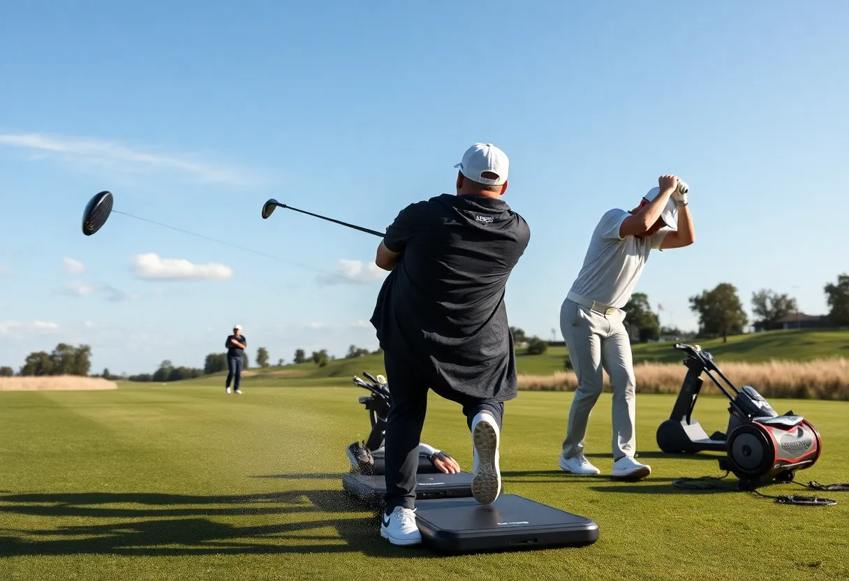 A variety of new golf drivers displayed on a golf course.