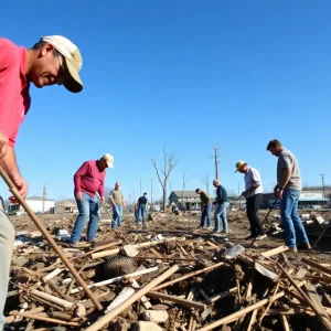 Residents of a town working together to clean up after a tornado.