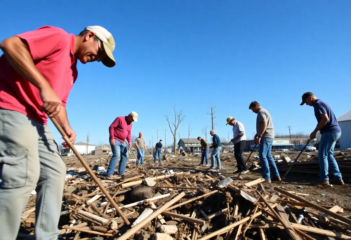 Residents of a town working together to clean up after a tornado.