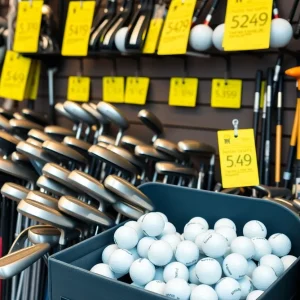 Vibrant golf equipment on display with a sunny golf course background