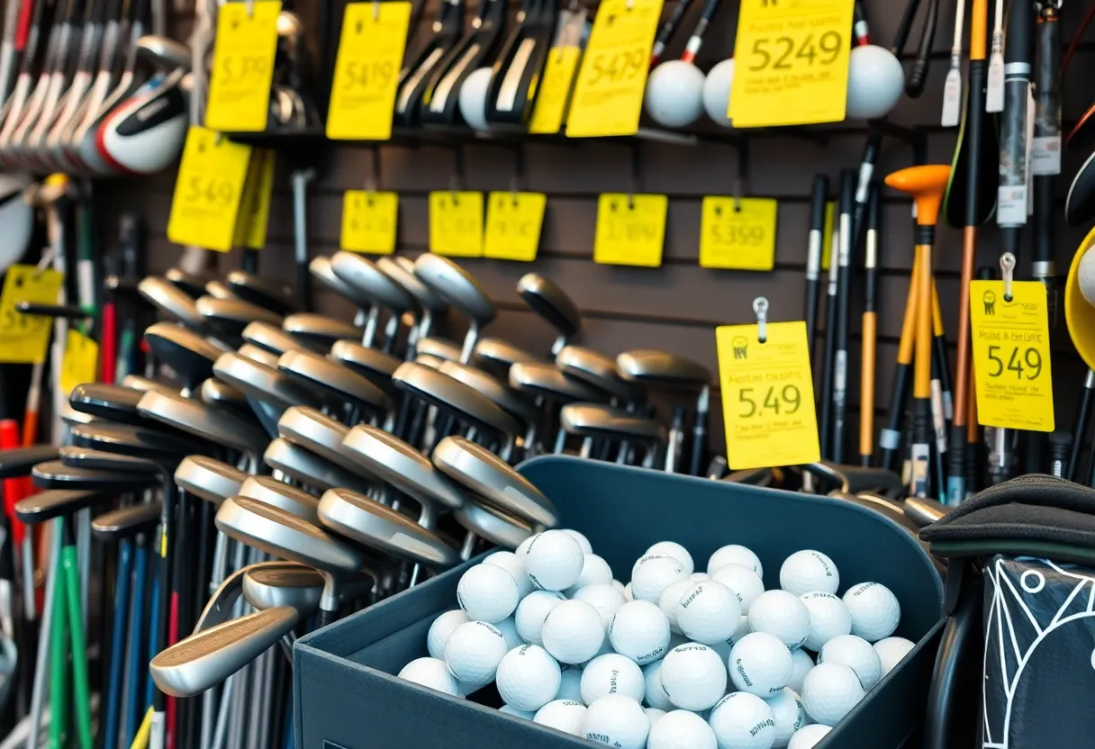 Vibrant golf equipment on display with a sunny golf course background