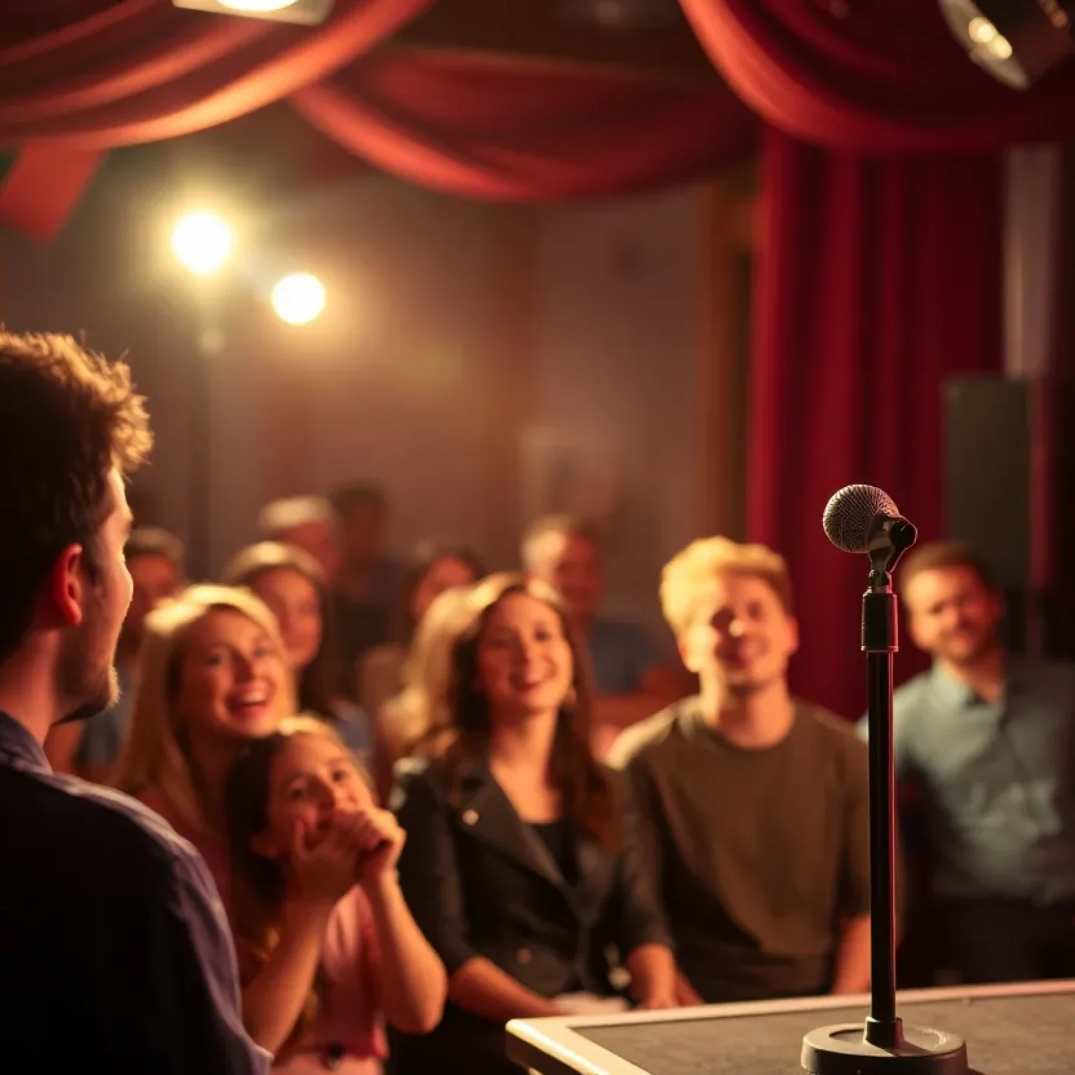 Audience enjoying a comedy show with a spotlight on stage