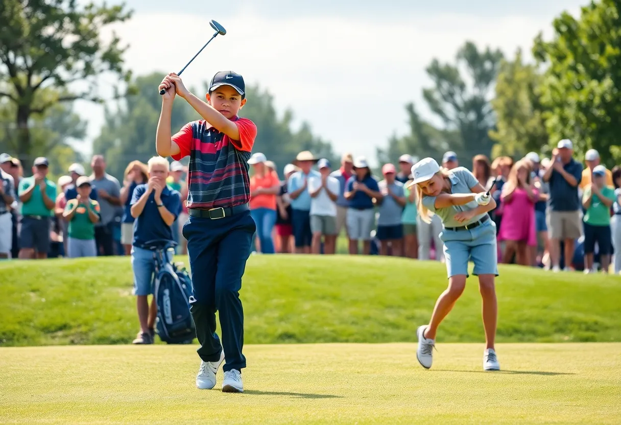 Young golfers practicing at a New York golf course for the 2025 Junior Ryder Cup.