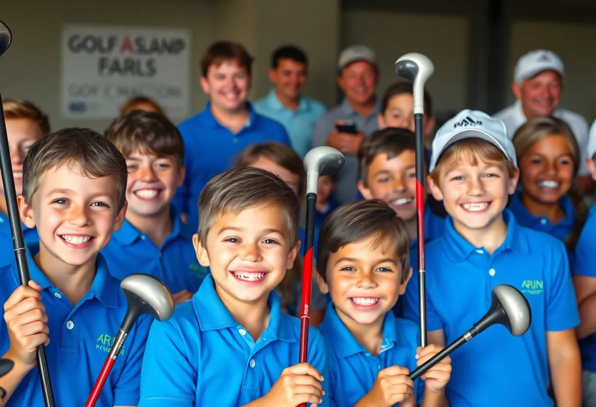 Excited children with new golf clubs at a community event.