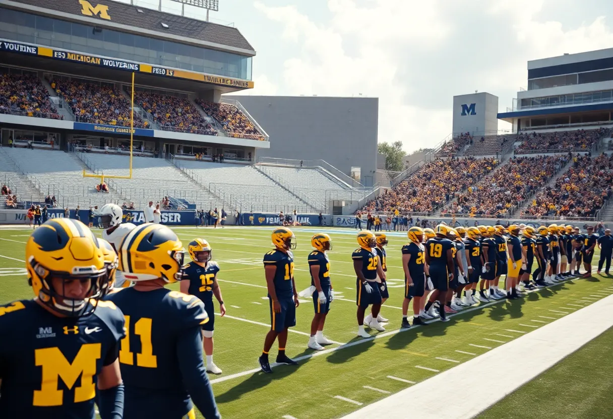 Michigan Wolverines players practicing for the ReliaQuest Bowl