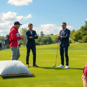 A photoshoot at a golf course with unique props to depict modern golf challenges.