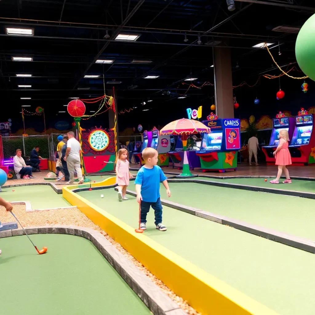 Colorful indoor mini golf course at Mr. Putters in Tampa