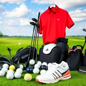 A collection of new golf equipment including clubs, apparel, and accessories on a golf course.