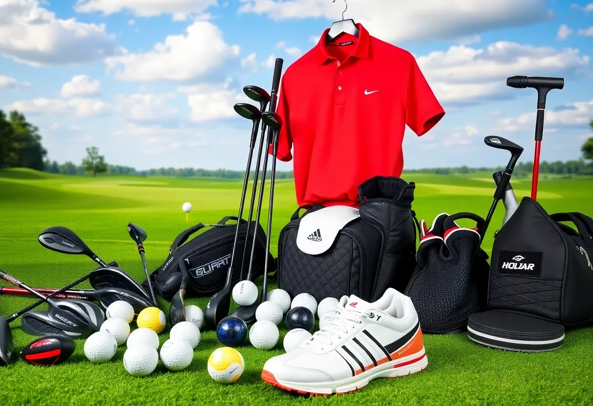 A collection of new golf equipment including clubs, apparel, and accessories on a golf course.