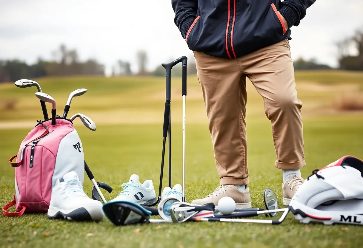 Display of new golf equipment and clothing for 2024 on a golf course.