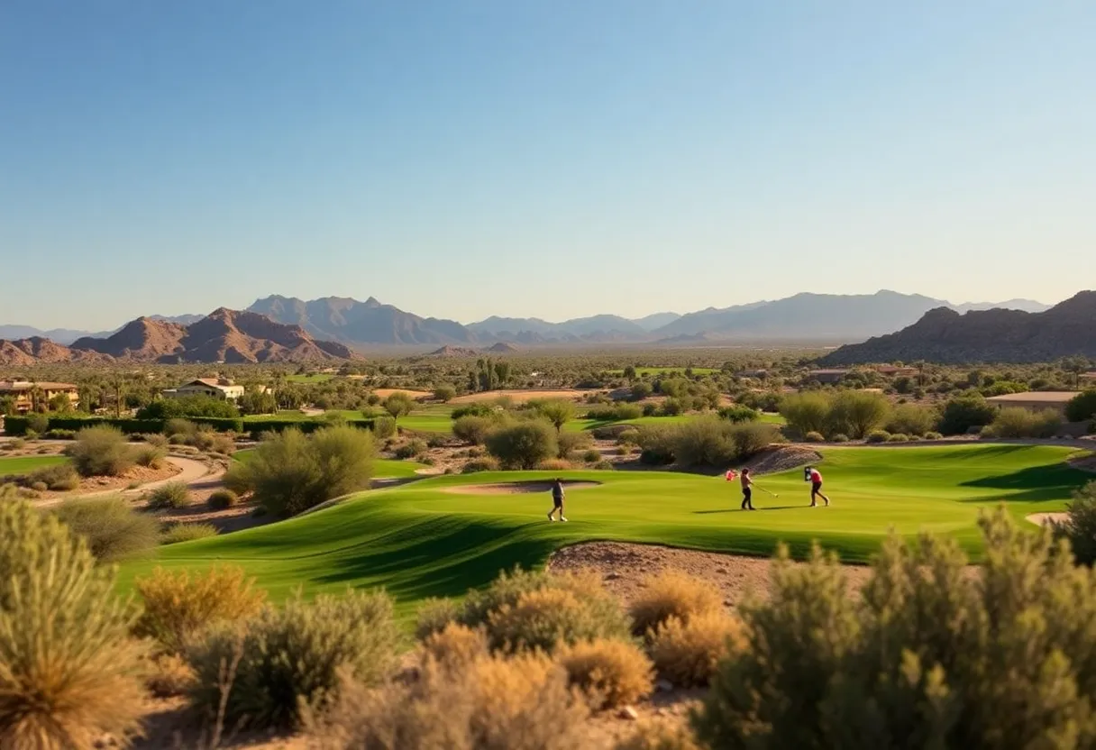 A scenic view of Papago Golf Club with golfers enjoying the course under a clear blue sky.