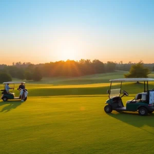 Golfers playing on a quiet golf course at sunrise without noise pollution.