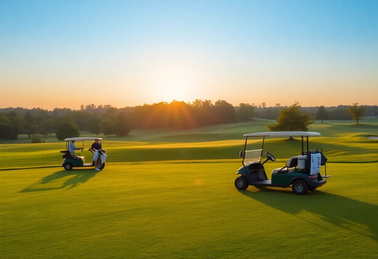 Golfers playing on a quiet golf course at sunrise without noise pollution.