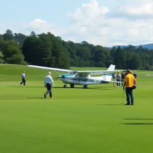 A small aircraft overturned on a golf course with golfers nearby.