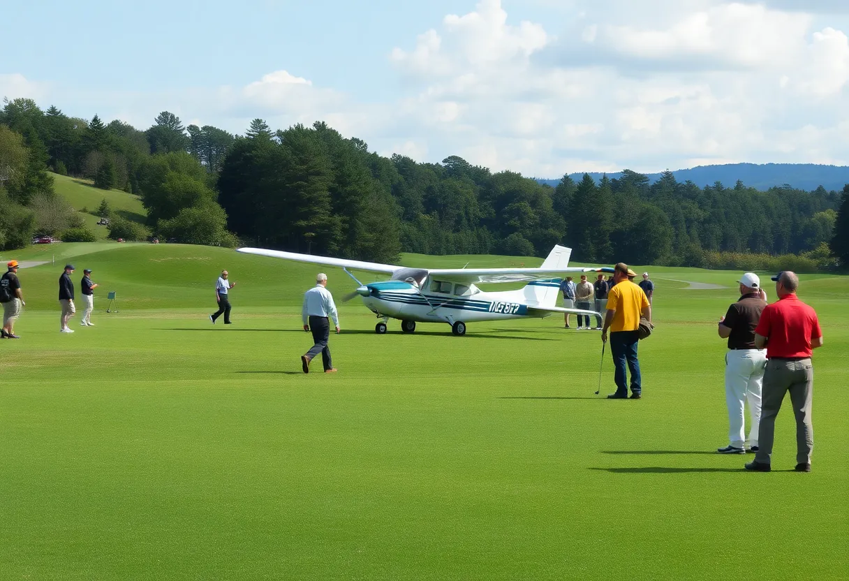 A small aircraft overturned on a golf course with golfers nearby.