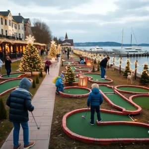 Families enjoying holiday themed mini golf at St. Petersburg Pier.