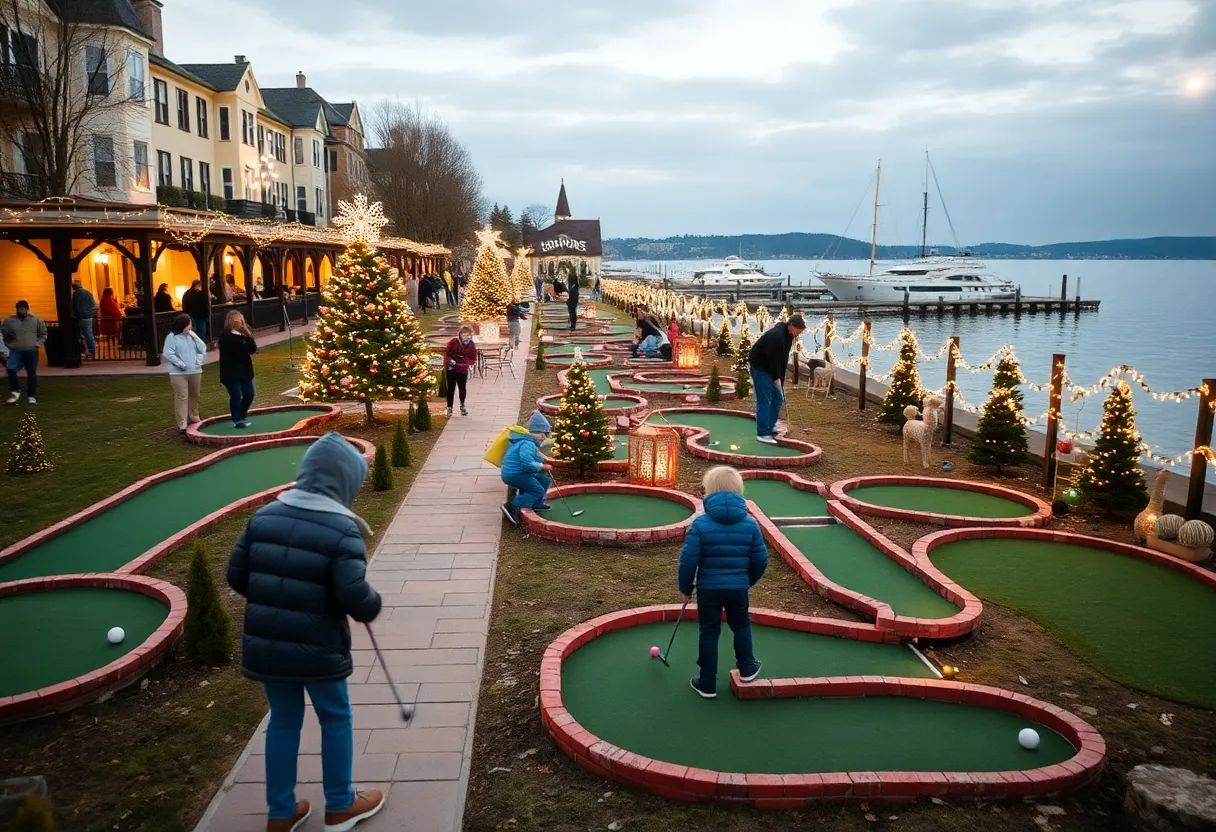 Families enjoying holiday themed mini golf at St. Petersburg Pier.