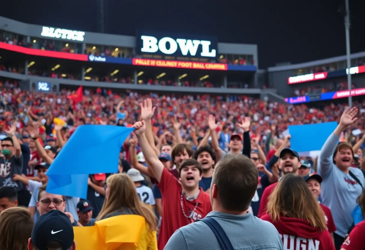 Fans celebrating outside the Raymond James Stadium for the ReliaQuest Bowl