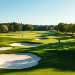 Aerial view of Roost golf course highlighting its fairways and bunkers.