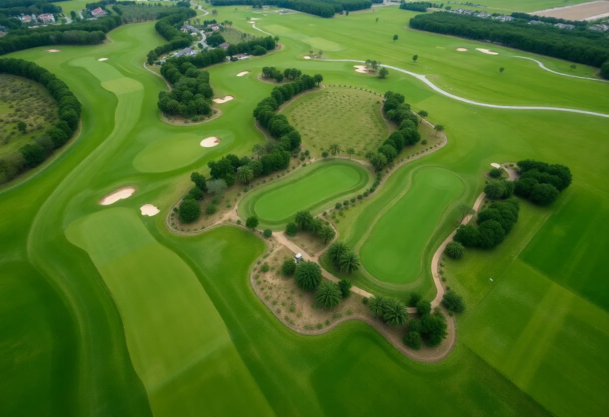 Aerial view of the Roost Golf Course in Brooksville, Florida, highlighting its vibrant fairways and bunkers.