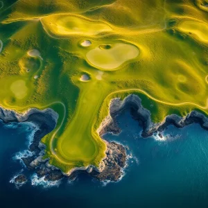 A picturesque view of a golf course with lush greens and clear skies.