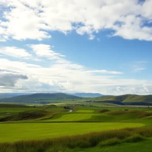 A breathtaking golf course landscape in Great Britain with players on the green.