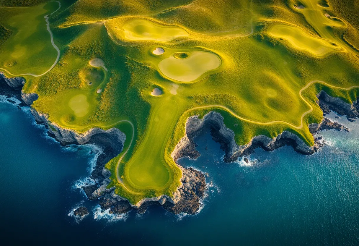 A picturesque view of a golf course with lush greens and clear skies.