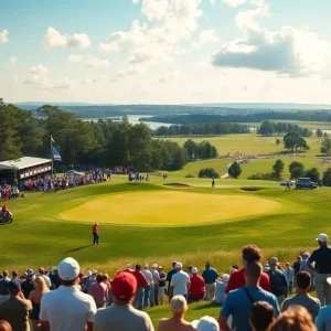 Spectators enjoying the excitement of the Spanish Open golf tournament with players on the green.