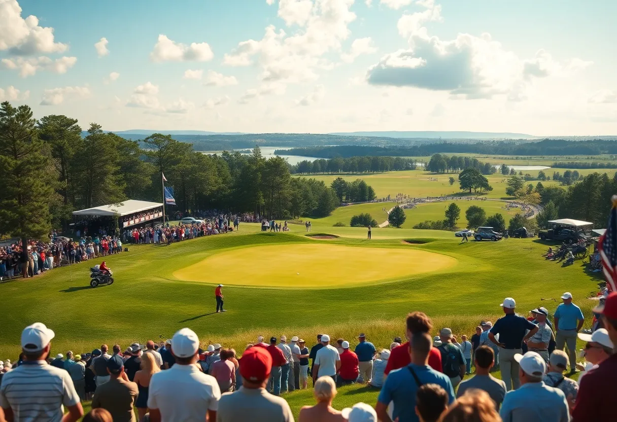 Spectators enjoying the excitement of the Spanish Open golf tournament with players on the green.