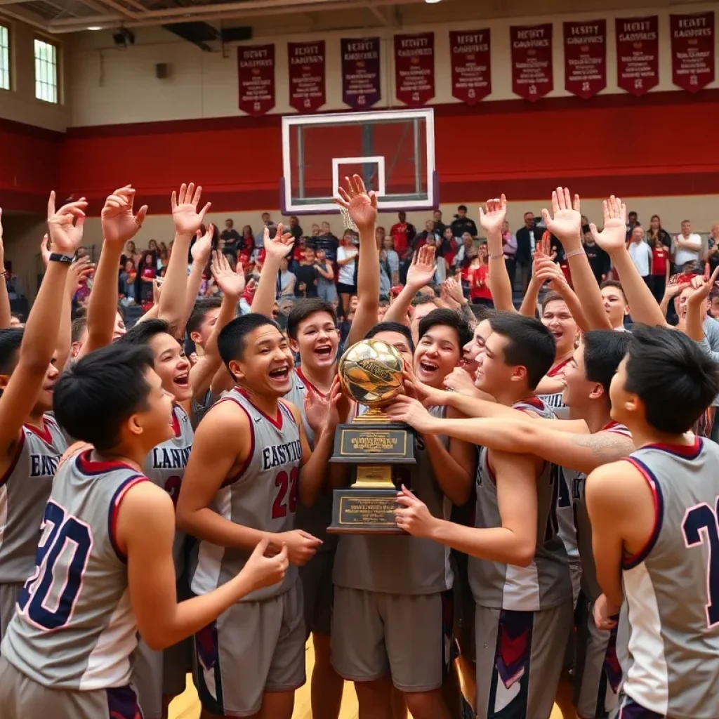 St. Thomas Aquinas High School basketball team celebrating their championship victory.