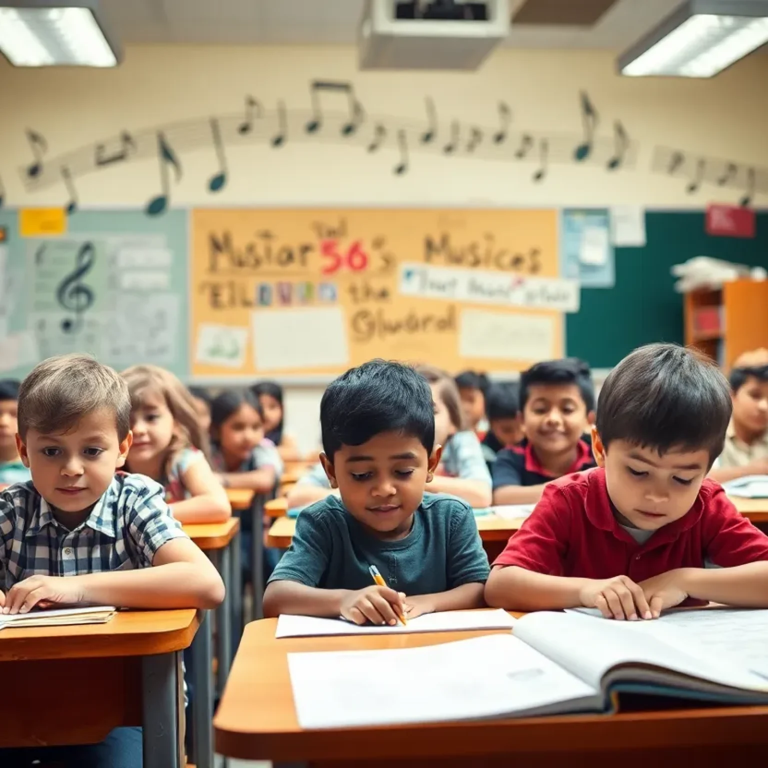 Classroom scene with students learning and music notes around