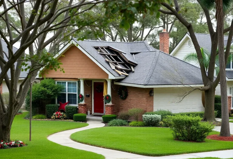 House with a collapsed roof in a Tampa neighborhood during the holiday season.