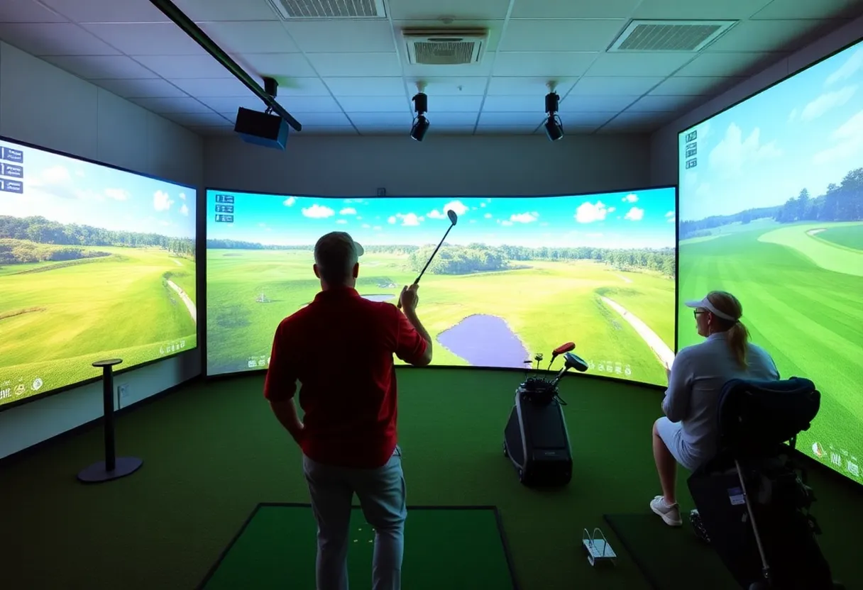 Friends playing virtual golf in a simulator.