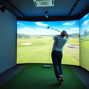 Friends enjoying a virtual golf simulator experience indoors.