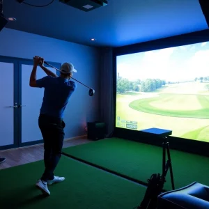 Golfer using a virtual golf simulator with a scenic golf course displayed