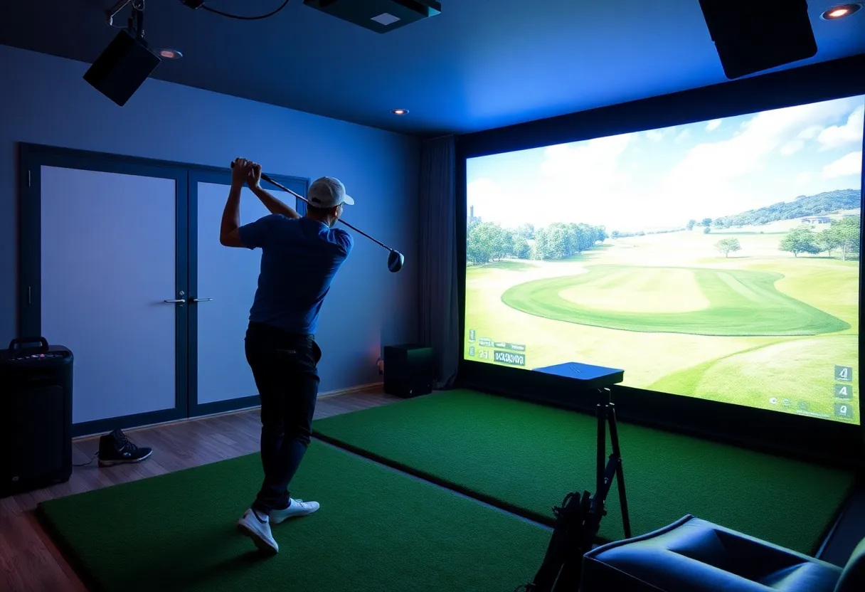 Golfer using a virtual golf simulator with a scenic golf course displayed