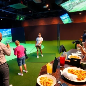 Interior view of X-Golf with golf simulators and patrons enjoying food and drinks.