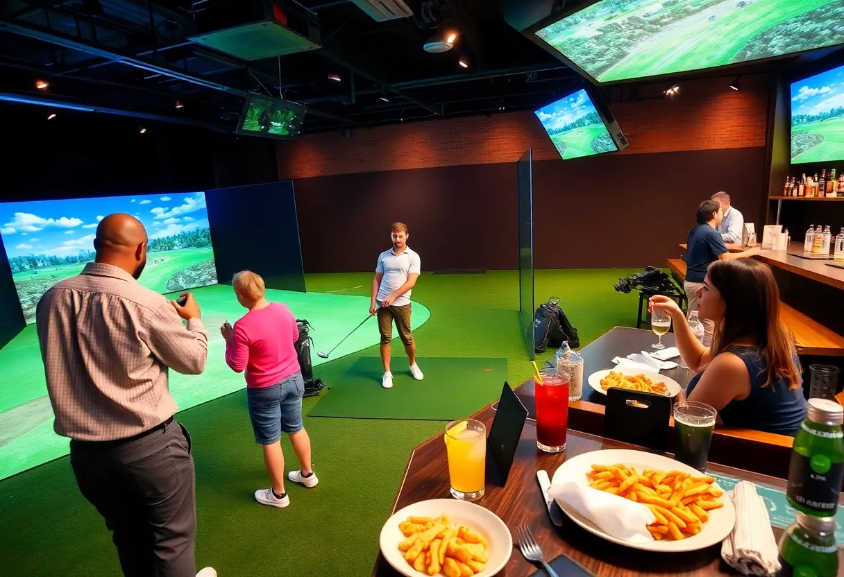 A group of friends enjoying a round of golf at X-Golf in West Palm Beach.