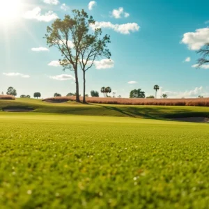 Beautiful close up of a well-maintained golf course with manicured lawns.