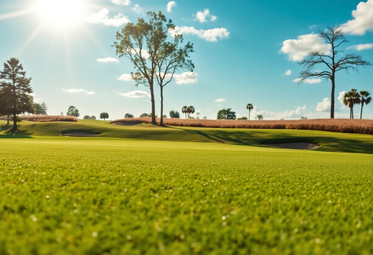 Beautiful close up of a well-maintained golf course with manicured lawns.