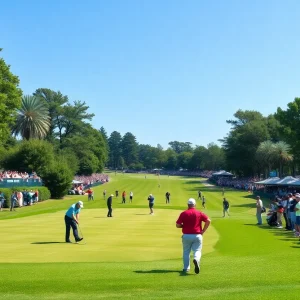 Golfers competing in a major tournament on a green golf course