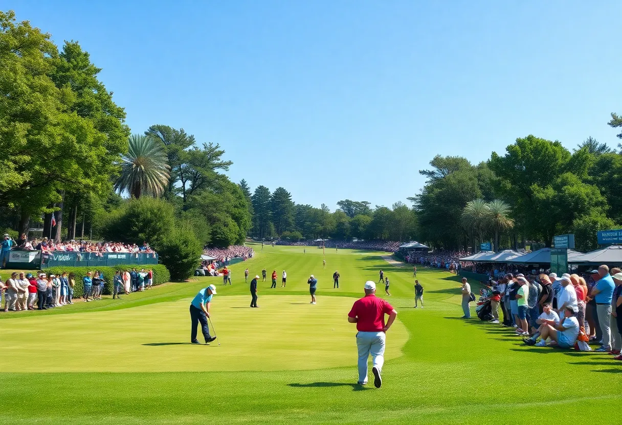 Golfers competing in a major tournament on a green golf course