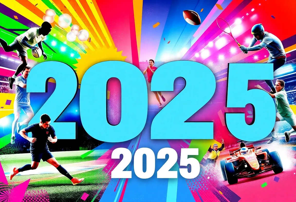 Collage of various sports events in 2025 including rugby, football, golf, and tennis.