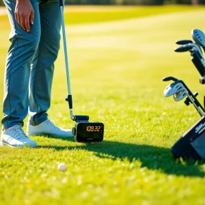 Golfer utilizing AI technology for shot tracking on the golf course.